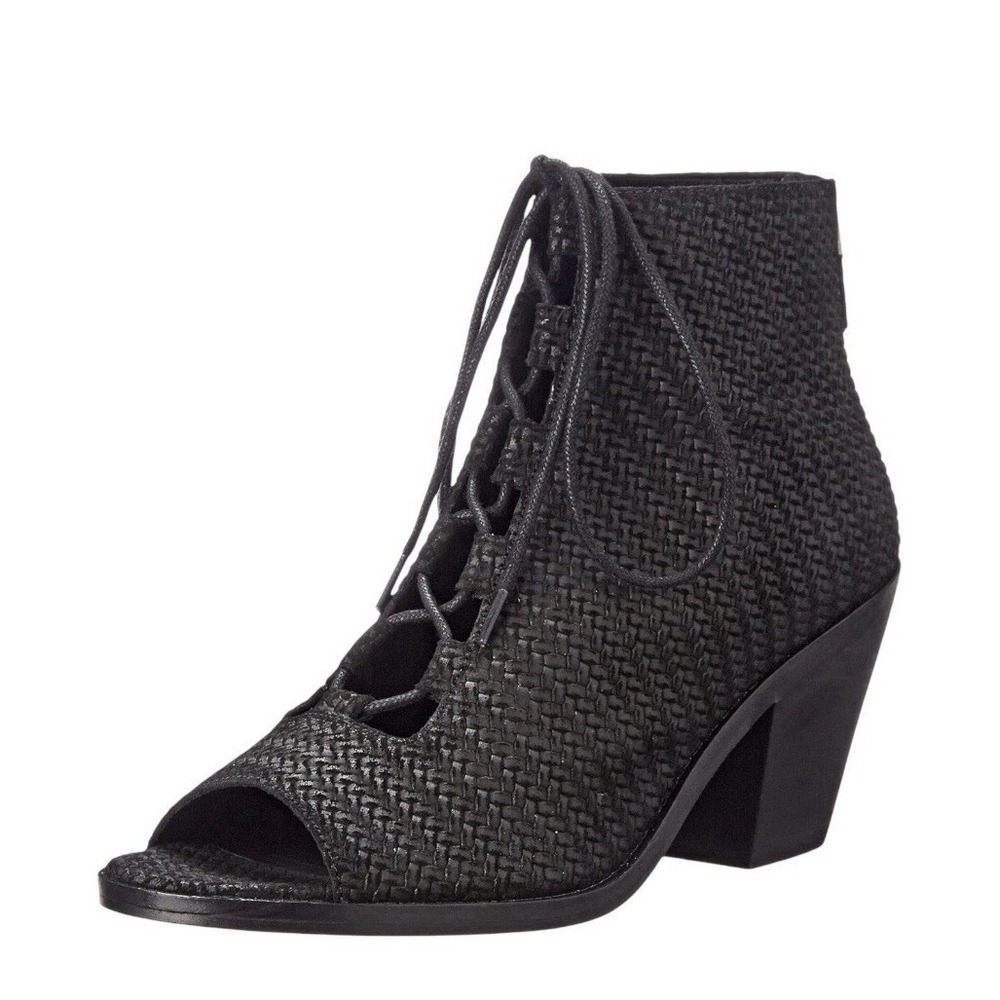 Eileen Fisher Slew Lace Up Peep Toe Woven Black Leather Booties  10 Shoes